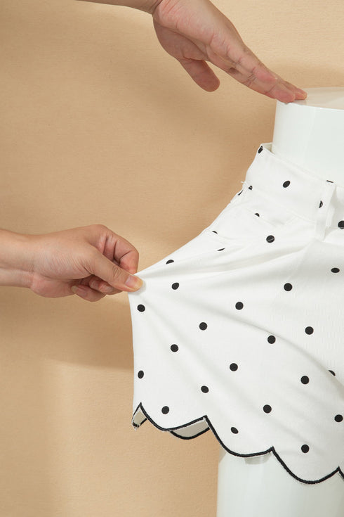 Polka Dot Print Embroidered Scallop Hem Shorts
