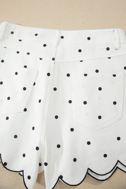 Polka Dot Print Embroidered Scallop Hem Shorts