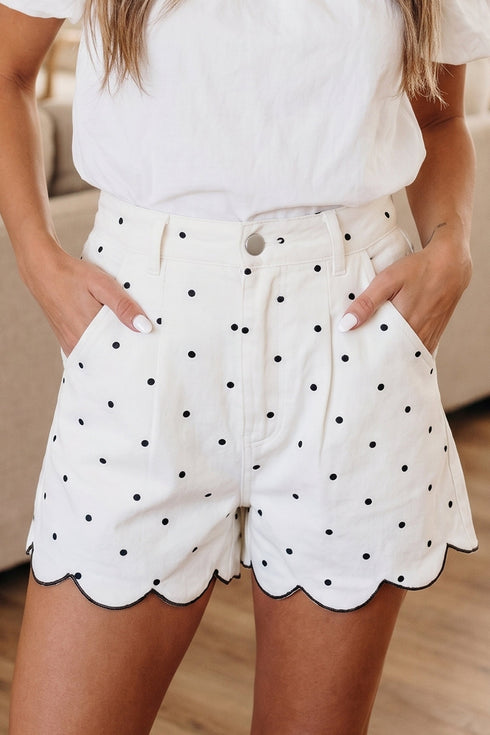 Polka Dot Print Embroidered Scallop Hem Shorts
