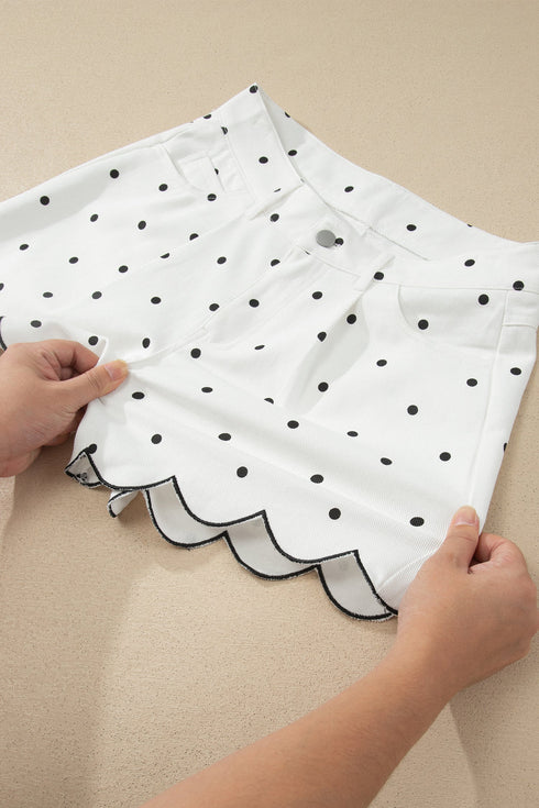 Polka Dot Print Embroidered Scallop Hem Shorts