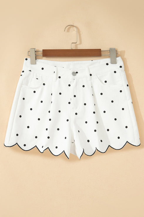 Polka Dot Print Embroidered Scallop Hem Shorts