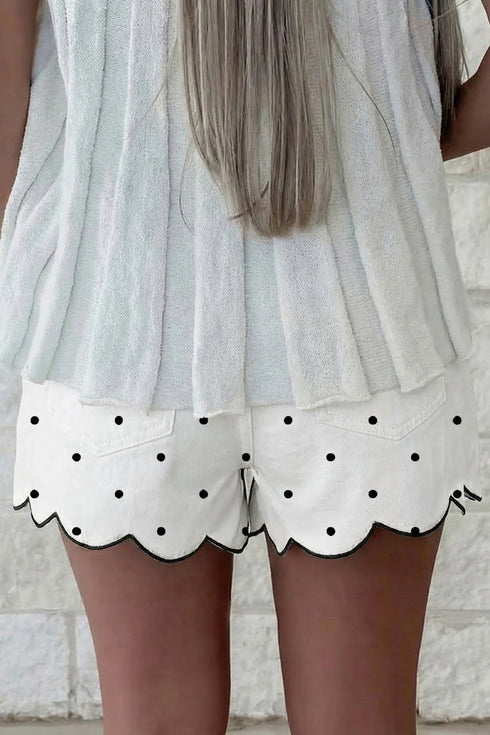Polka Dot Print Embroidered Scallop Hem Shorts
