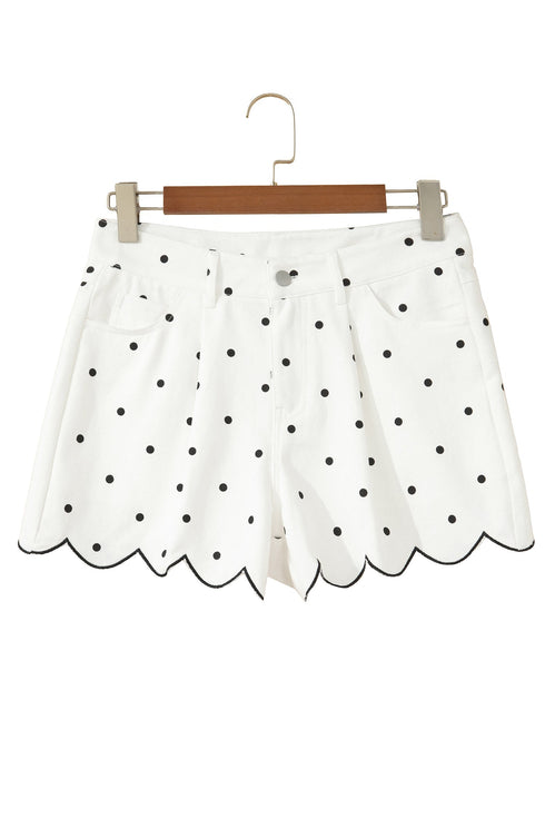 Polka Dot Print Embroidered Scallop Hem Shorts
