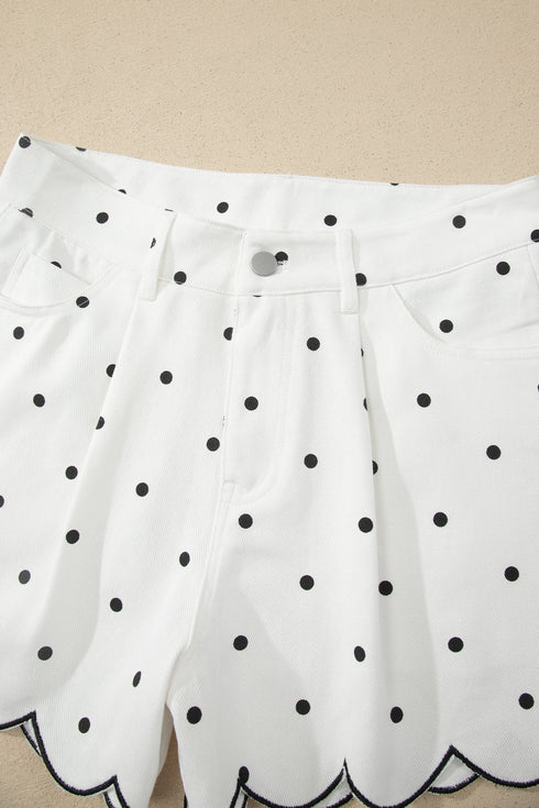 Polka Dot Print Embroidered Scallop Hem Shorts