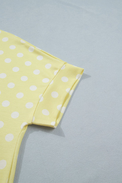 Polka Dot Print Graphic Trim Mock Neck Short Set