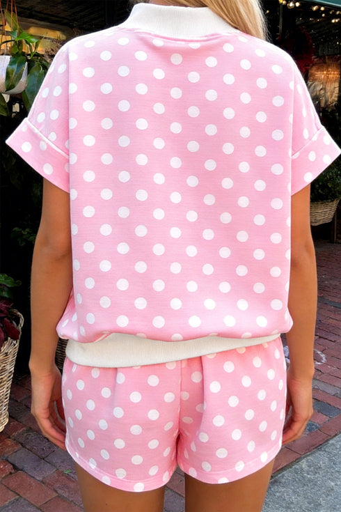 Polka Dot Print Graphic Trim Mock Neck Short Set