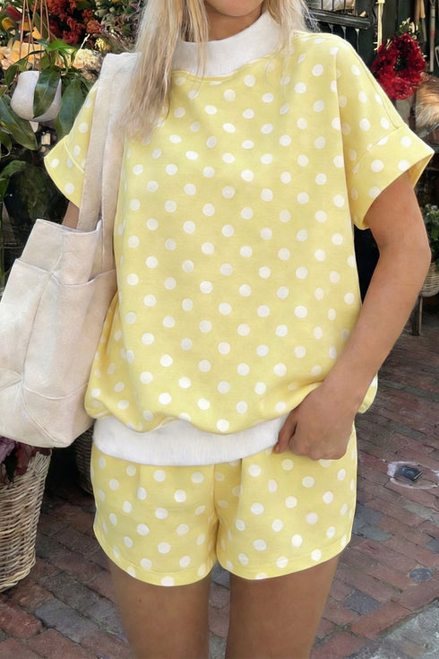 Polka Dot Print Graphic Trim Mock Neck Short Set