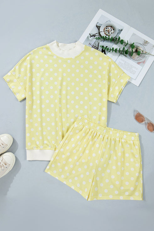 Polka Dot Print Graphic Trim Mock Neck Short Set