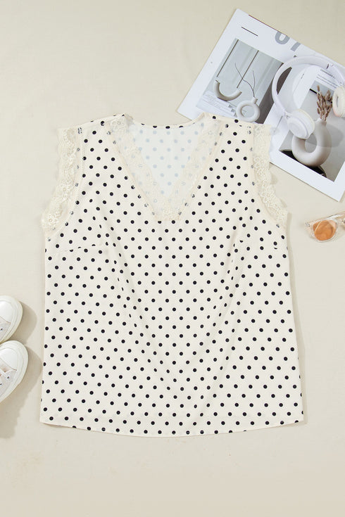 Polka Dot Print Lace Trim Sleeveless V Neck Blouse