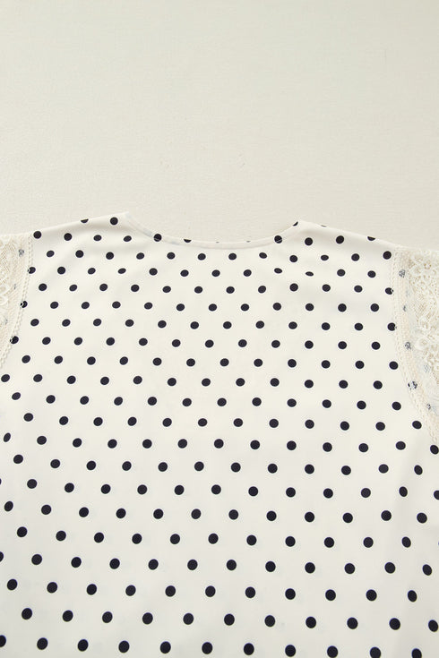 Polka Dot Print Lace Trim Sleeveless V Neck Blouse