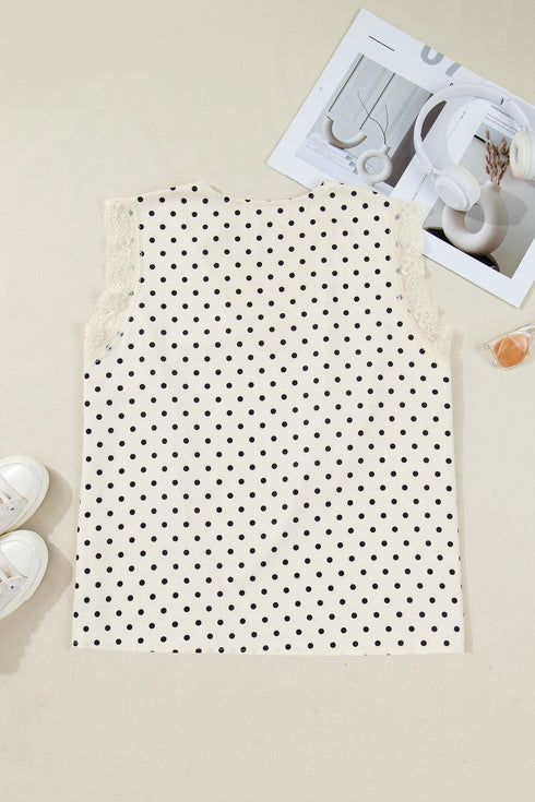 Polka Dot Print Lace Trim Sleeveless V Neck Blouse