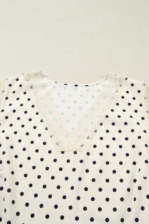 Polka Dot Print Lace Trim Sleeveless V Neck Blouse
