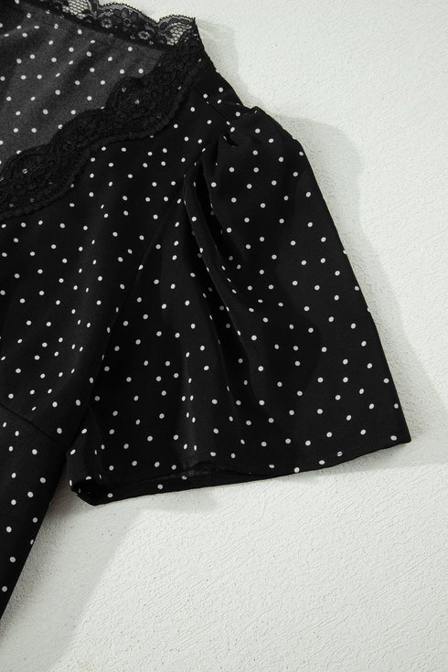 Polka Dot Print Lace Trim Wrap Mini Dress
