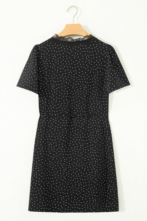Polka Dot Print Lace Trim Wrap Mini Dress