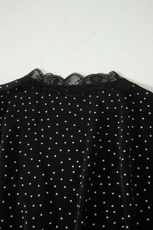 Polka Dot Print Lace Trim Wrap Mini Dress