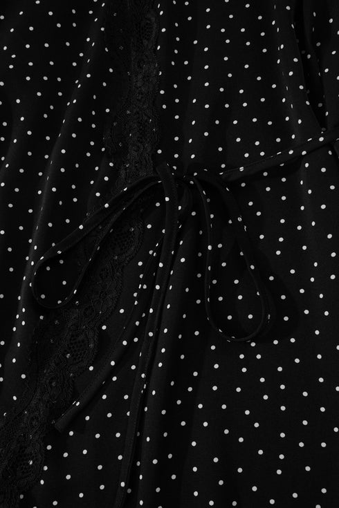 Polka Dot Print Lace Trim Wrap Mini Dress
