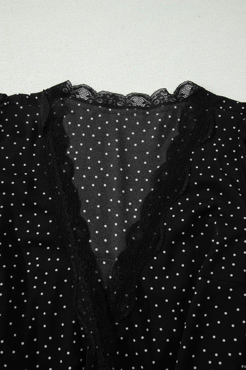 Polka Dot Print Lace Trim Wrap Mini Dress