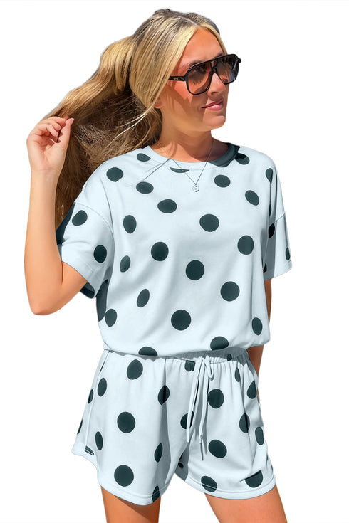 Polka Dot Print Loose Tee Drawstring Waist Short Sets