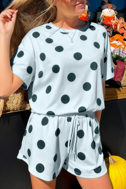 Polka Dot Print Loose Tee Drawstring Waist Short Sets