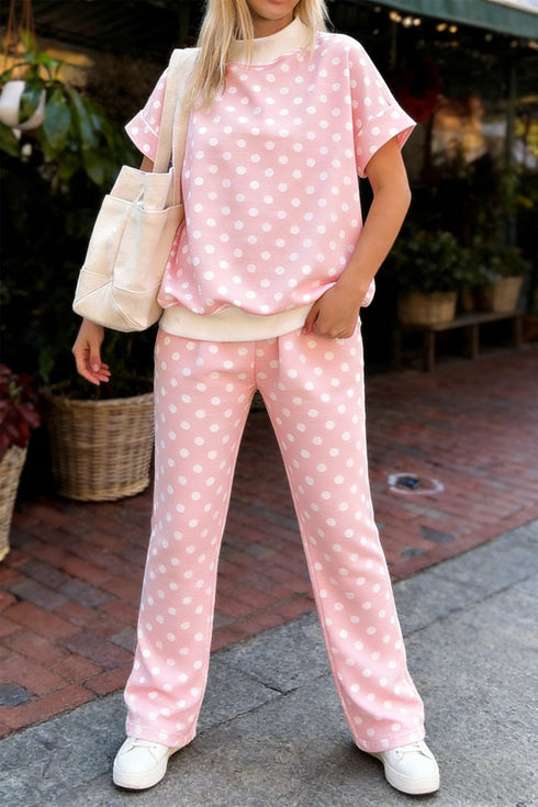 Polka Dot Print Mock Neck Short Sleeve Shift Pant Set