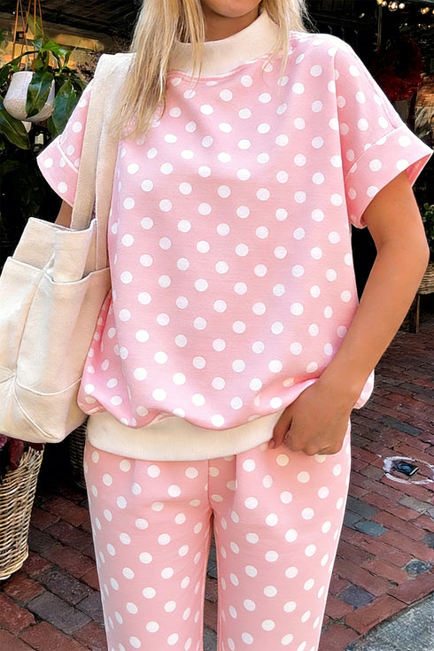 Polka Dot Print Mock Neck Short Sleeve Shift Pant Set