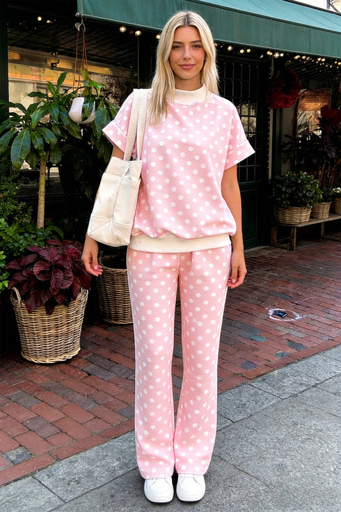 Polka Dot Print Mock Neck Short Sleeve Shift Pant Set