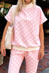 Polka Dot Print Mock Neck Short Sleeve Shift Pant Set