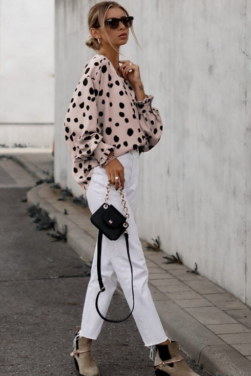 Polka Dot Print Oversized Puff Sleeve Frill Blouse