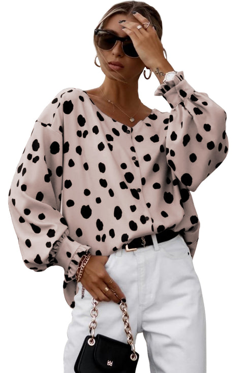Polka Dot Print Oversized Puff Sleeve Frill Blouse