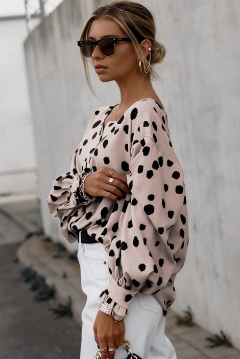 Polka Dot Print Oversized Puff Sleeve Frill Blouse