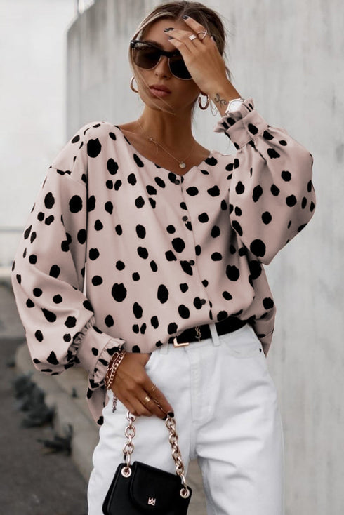 Polka Dot Print Oversized Puff Sleeve Frill Blouse