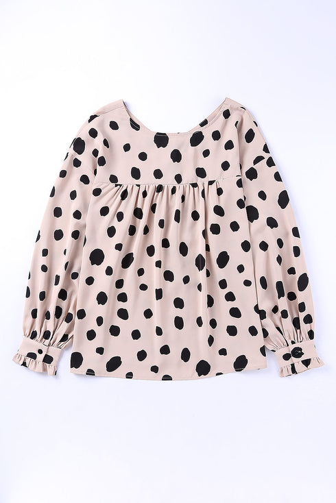 Polka Dot Print Oversized Puff Sleeve Frill Blouse