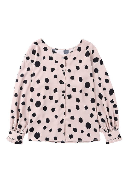 Polka Dot Print Oversized Puff Sleeve Frill Blouse