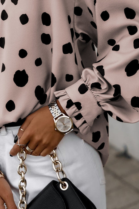Polka Dot Print Oversized Puff Sleeve Frill Blouse