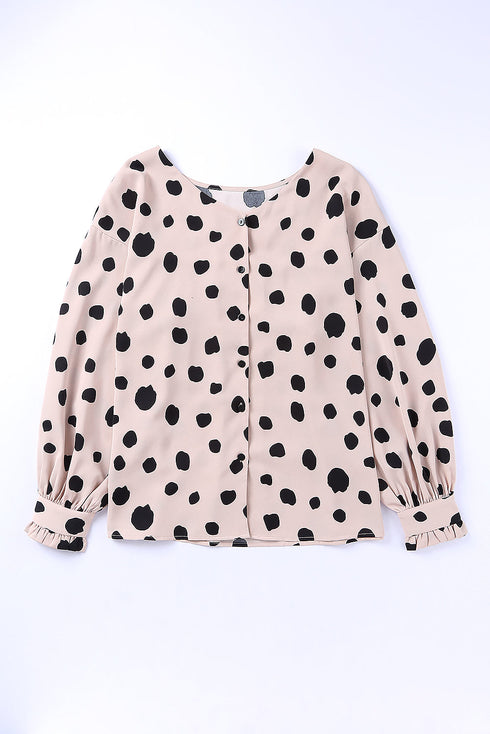 Polka Dot Print Oversized Puff Sleeve Frill Blouse