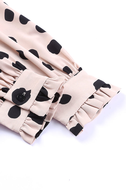 Polka Dot Print Oversized Puff Sleeve Frill Blouse
