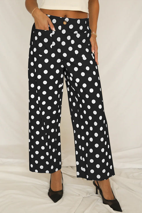 Polka Dot Print Patched Pocket Wide Leg Loose Pants