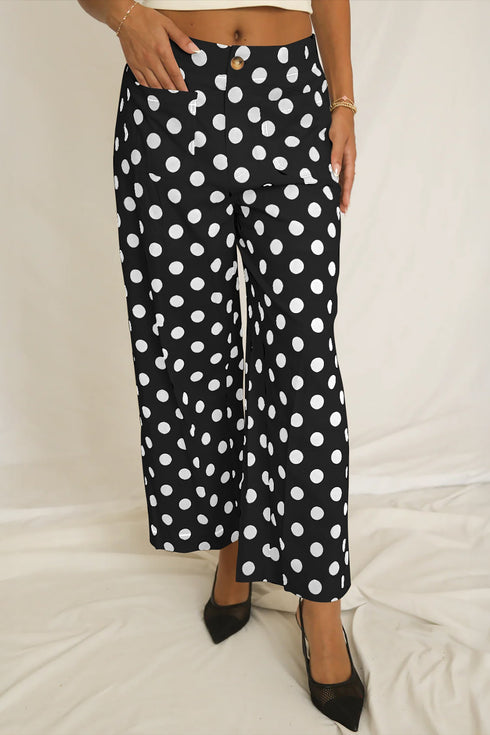 Polka Dot Print Patched Pocket Wide Leg Loose Pants
