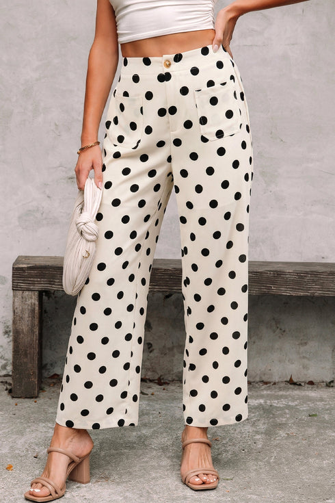 Polka Dot Print Patched Pocket Wide Leg Loose Pants