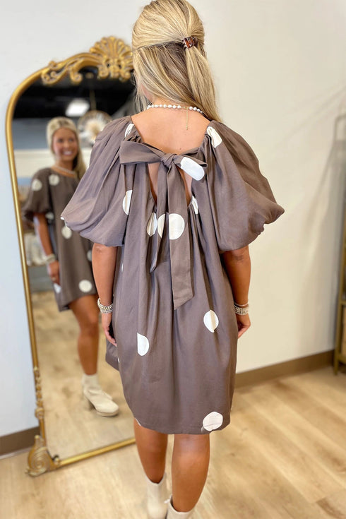 Polka Dot Print Puff Sleeve Knot Back Midi Dress