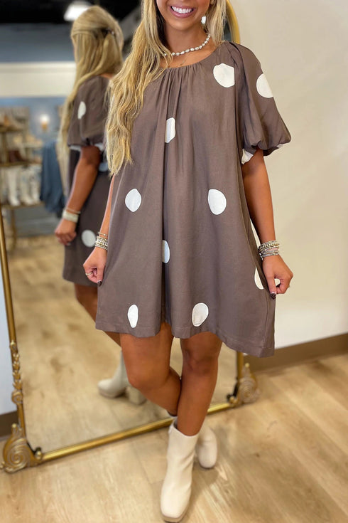 Polka Dot Print Puff Sleeve Knot Back Midi Dress