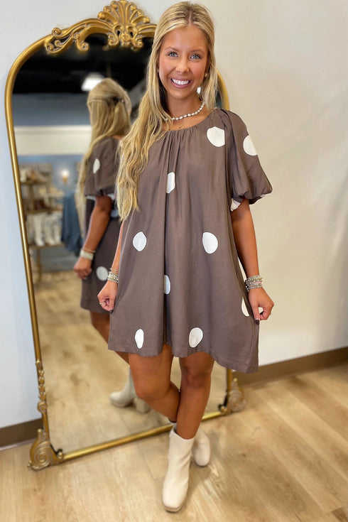 Polka Dot Print Puff Sleeve Knot Back Midi Dress