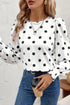 Polka Dot Print Round Neck Frilled Long Sleeve Blouse