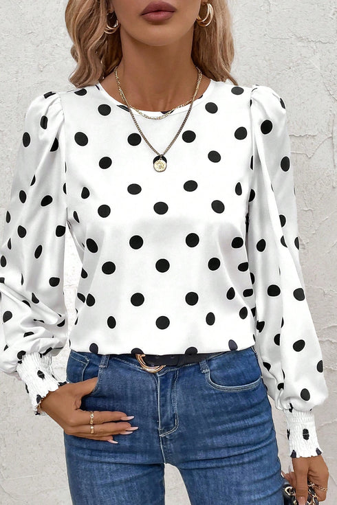 Polka Dot Print Round Neck Frilled Long Sleeve Blouse