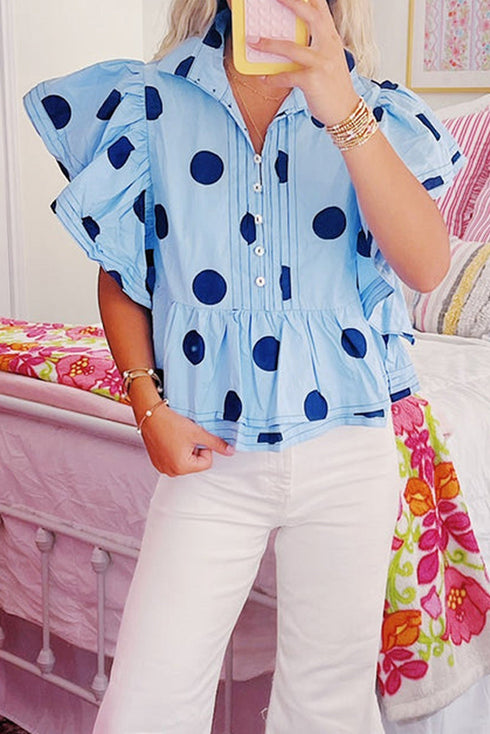Polka Dot Print Ruffle Sleeve Button Front Blouse