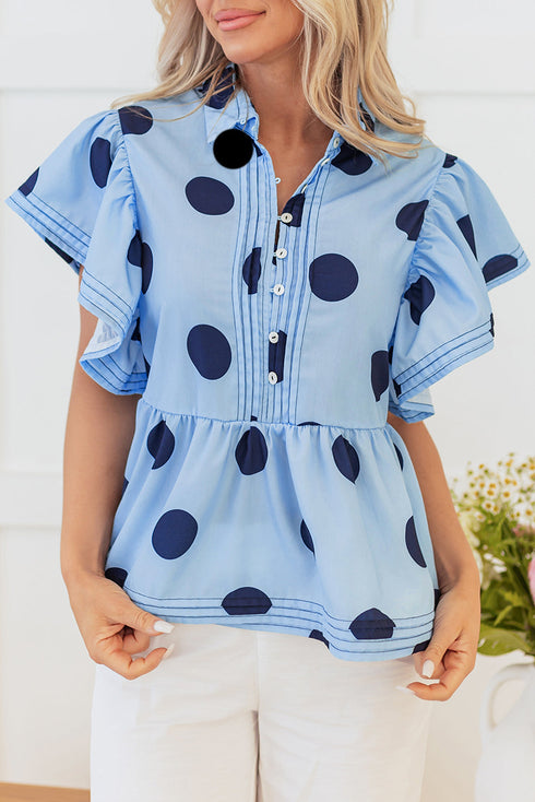 Polka Dot Print Ruffle Sleeve Button Front Blouse