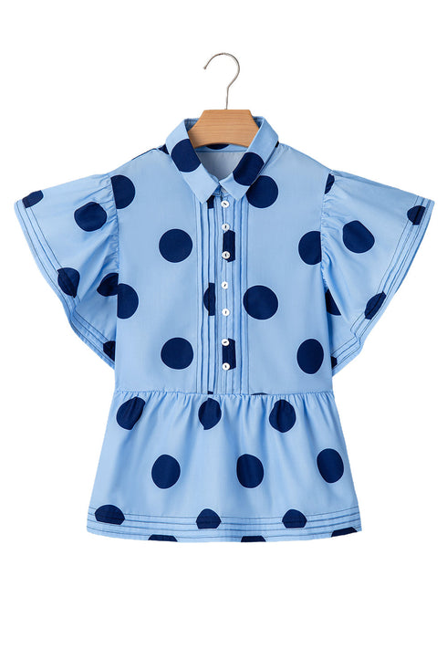 Polka Dot Print Ruffle Sleeve Button Front Blouse