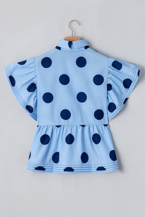 Polka Dot Print Ruffle Sleeve Button Front Blouse