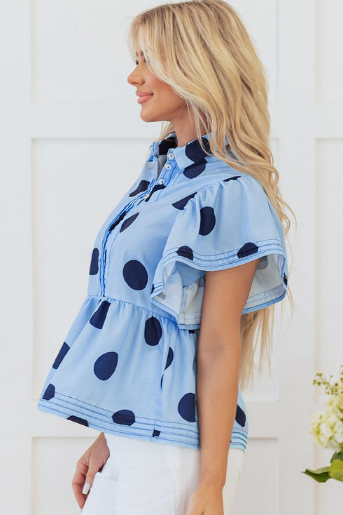 Polka Dot Print Ruffle Sleeve Button Front Blouse