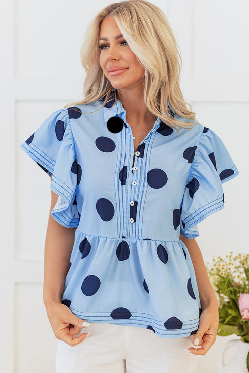 Polka Dot Print Ruffle Sleeve Button Front Blouse